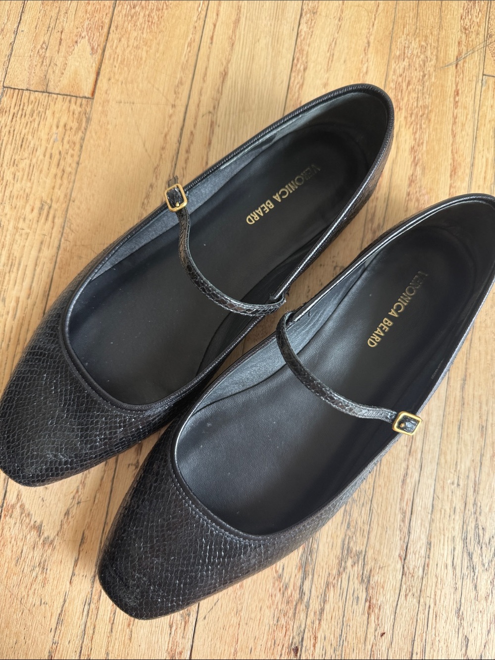Veronica Beard Black Textured Mary Jane Flats with Gold Buckle Size 7.5